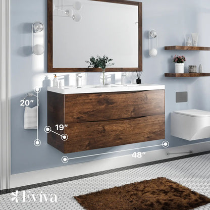 Eviva Smile 48" Rosewood Wall Mount Modern Double Sink Bathroom Vanity w/ White Integrated Top