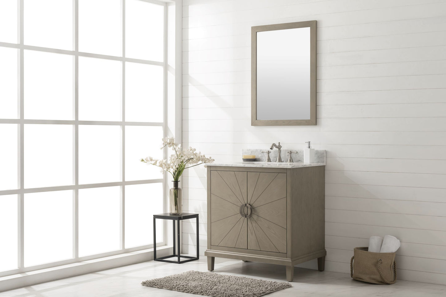 30" Antique Gray Single Sink Vanity with White Carrara Marble or Blue Limestone Top