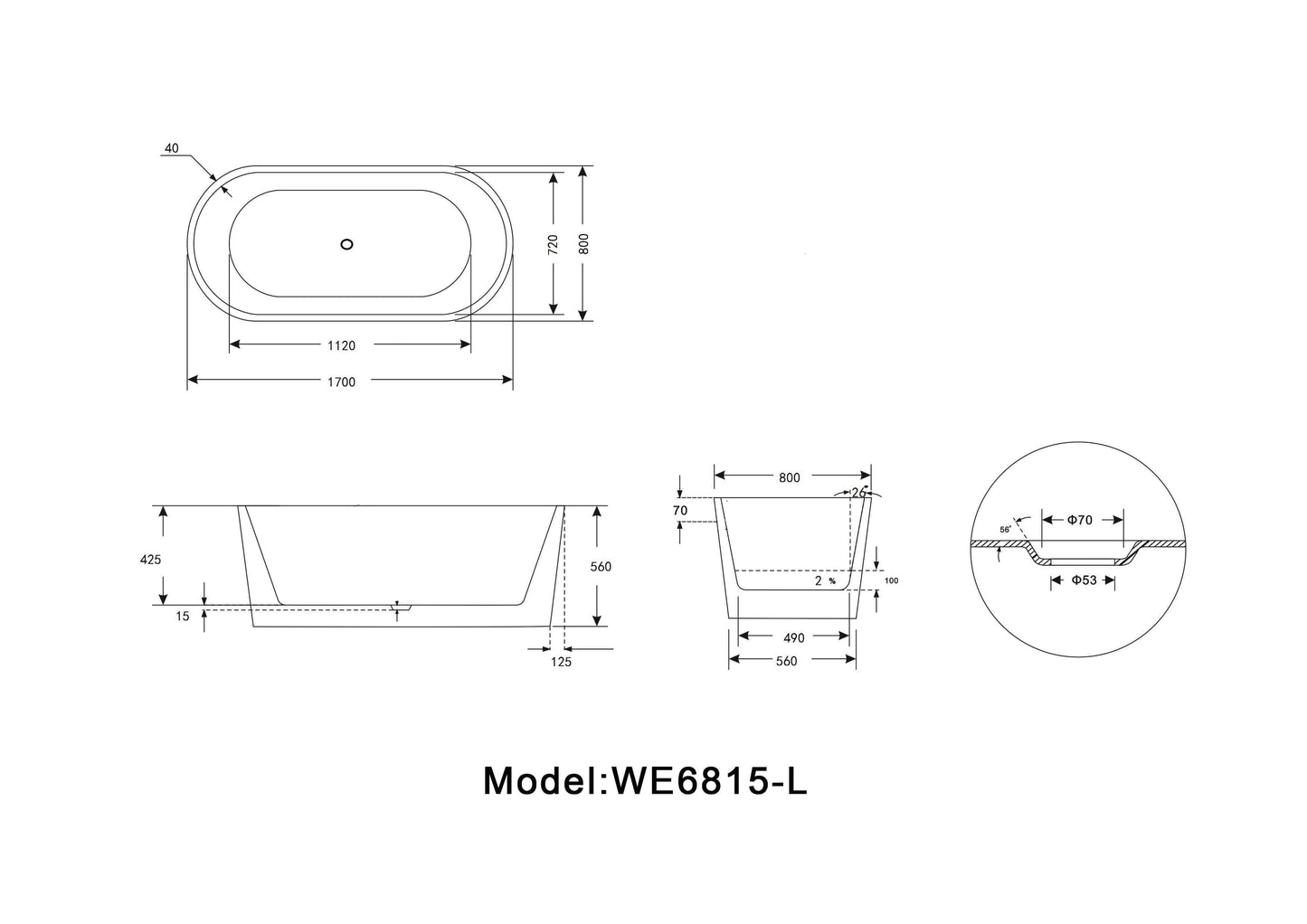 67.3" Freestanding White Acrylic Bathtub