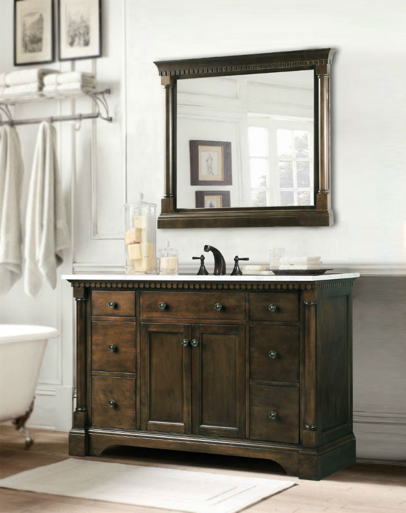 48" Antique Coffee Freestanding Single Sink Vanity with Carrara Marble White Top and Matching Backsplash