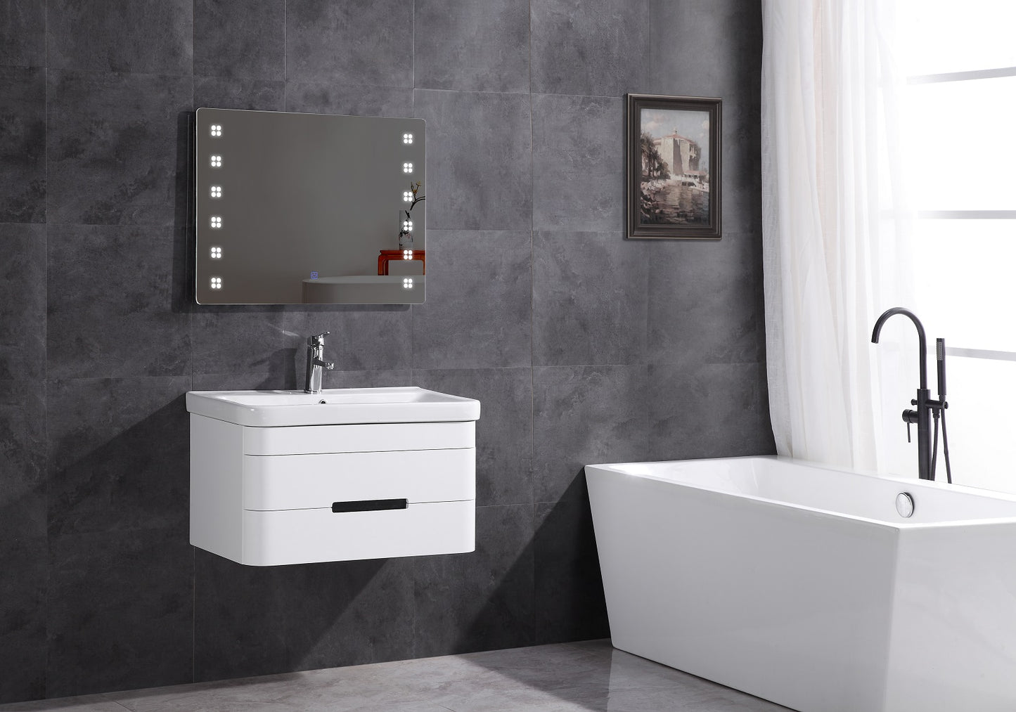 32" Single Sink Floating Vanity with Mirror - PVC and White Ceramic Top