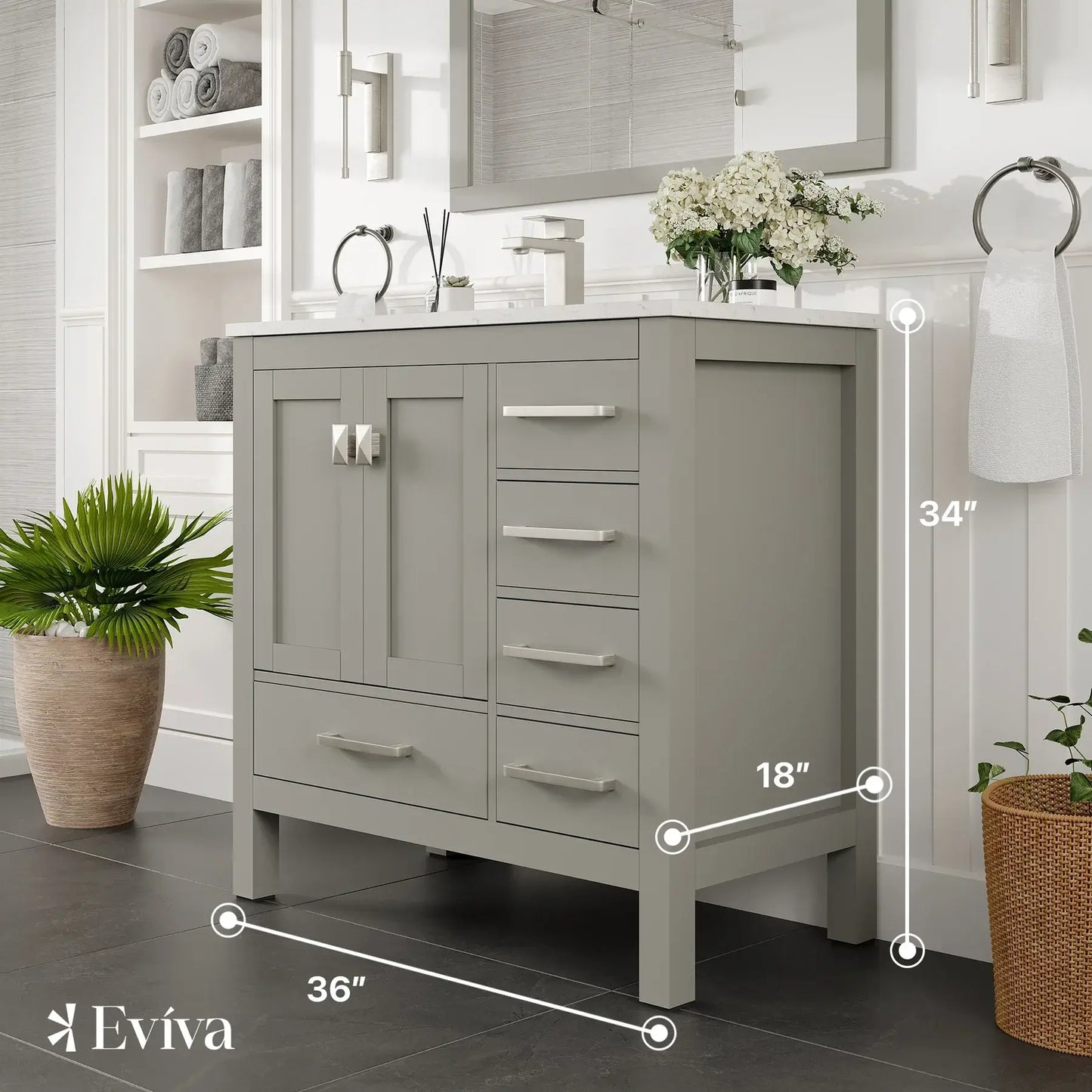 Eviva London 36" Transitional Bathroom Vanity with White Carrara Marble Countertop