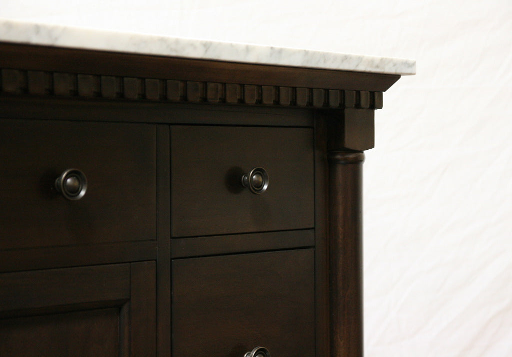 36" Antique Coffee Freestanding Single Sink Vanity with Carrara Marble White Top and Matching Backsplash