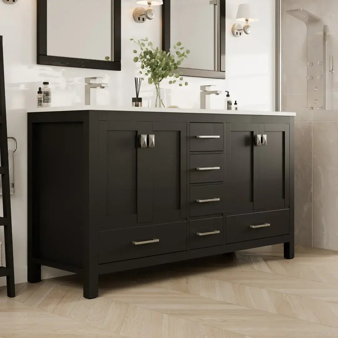 London 60"W x 18"D Double Sink Bathroom Vanity with White Carrara Quartz Countertop and Undermount Porcelain Sinks