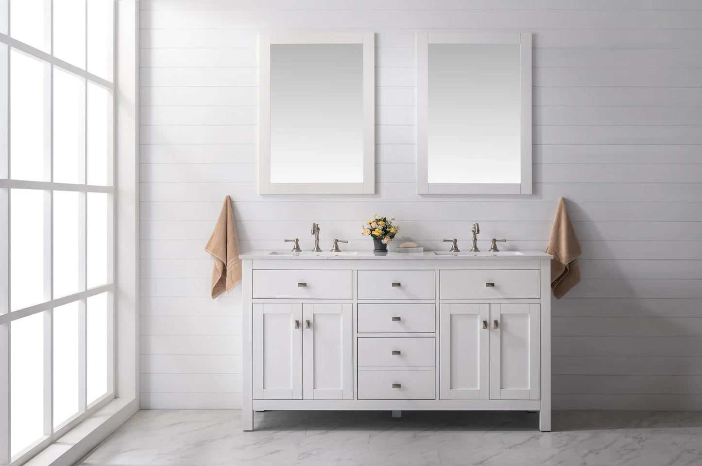 Artemis 60"W x 22"D Double Sink Bathroom Vanity with Carrara Quartz Countertop and Undermount Porcelain Sink