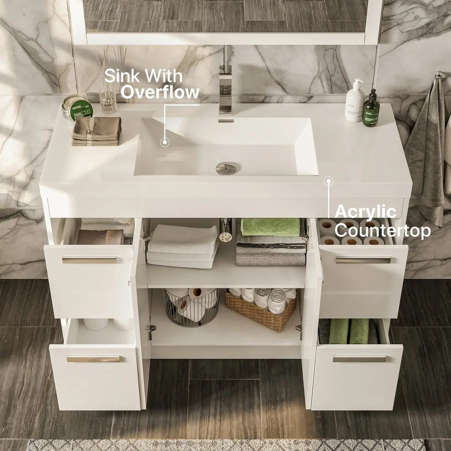 Lugano 42"W x 20"D Single Sink Bathroom Vanity with White Acrylic Countertop and Integrated Sink