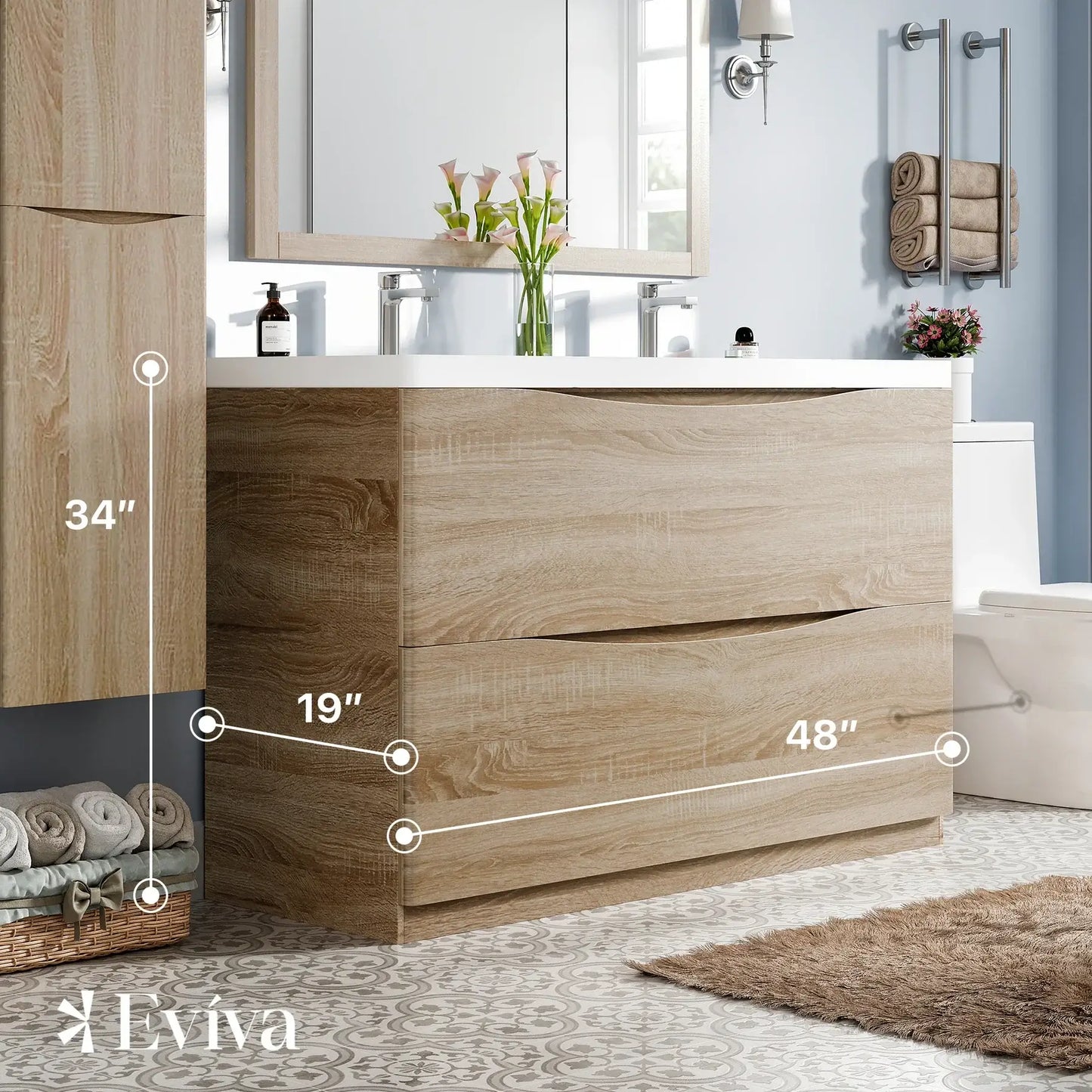 Eviva Smile 48" White Oak Freestanding Modern Double Sink Bathroom Vanity w/ White Integrated Top