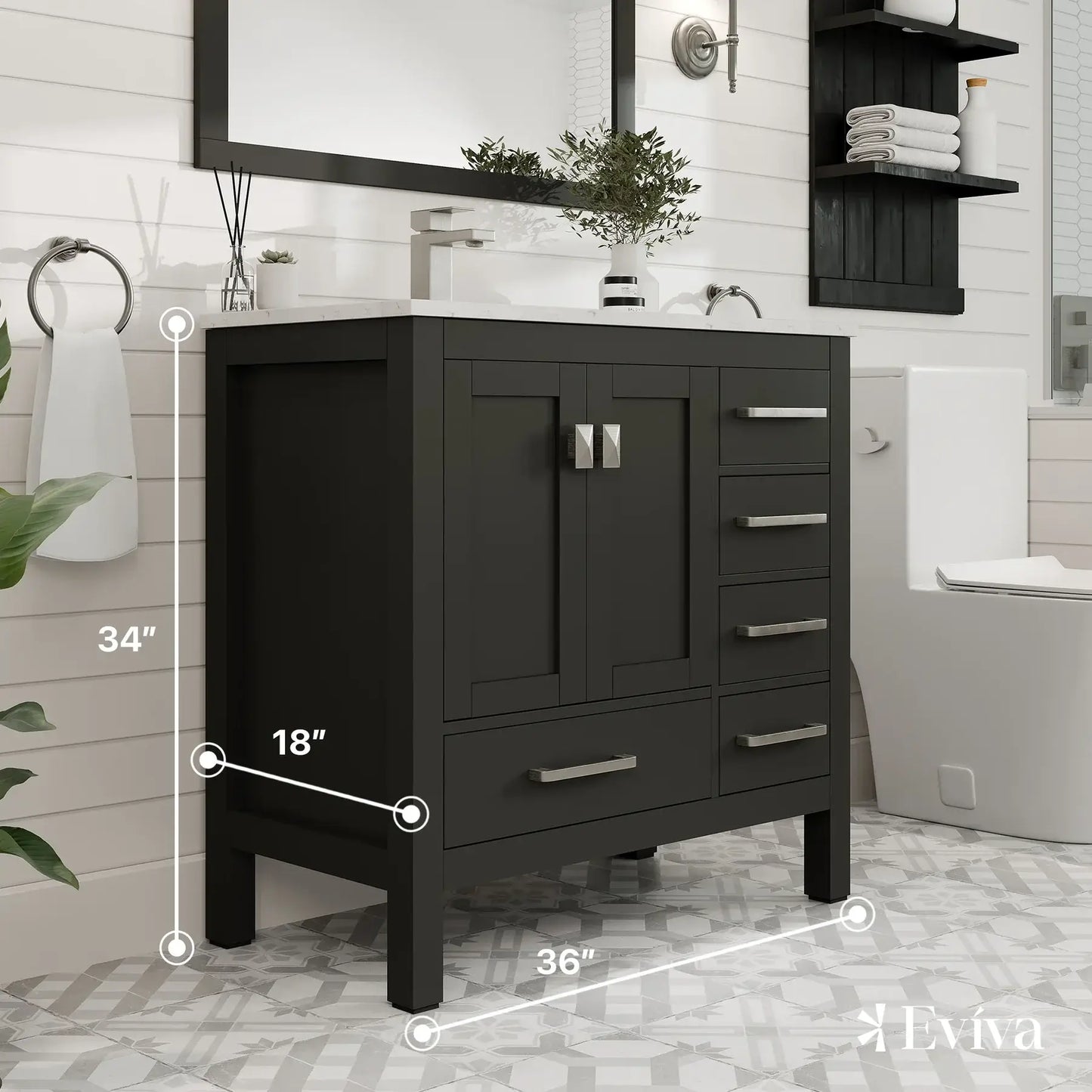 Eviva London 36" Transitional Bathroom Vanity with White Carrara Marble Countertop