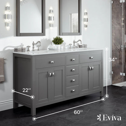 Artemis 60"W x 22"D Double Sink Bathroom Vanity with Carrara Quartz Countertop and Undermount Porcelain Sink