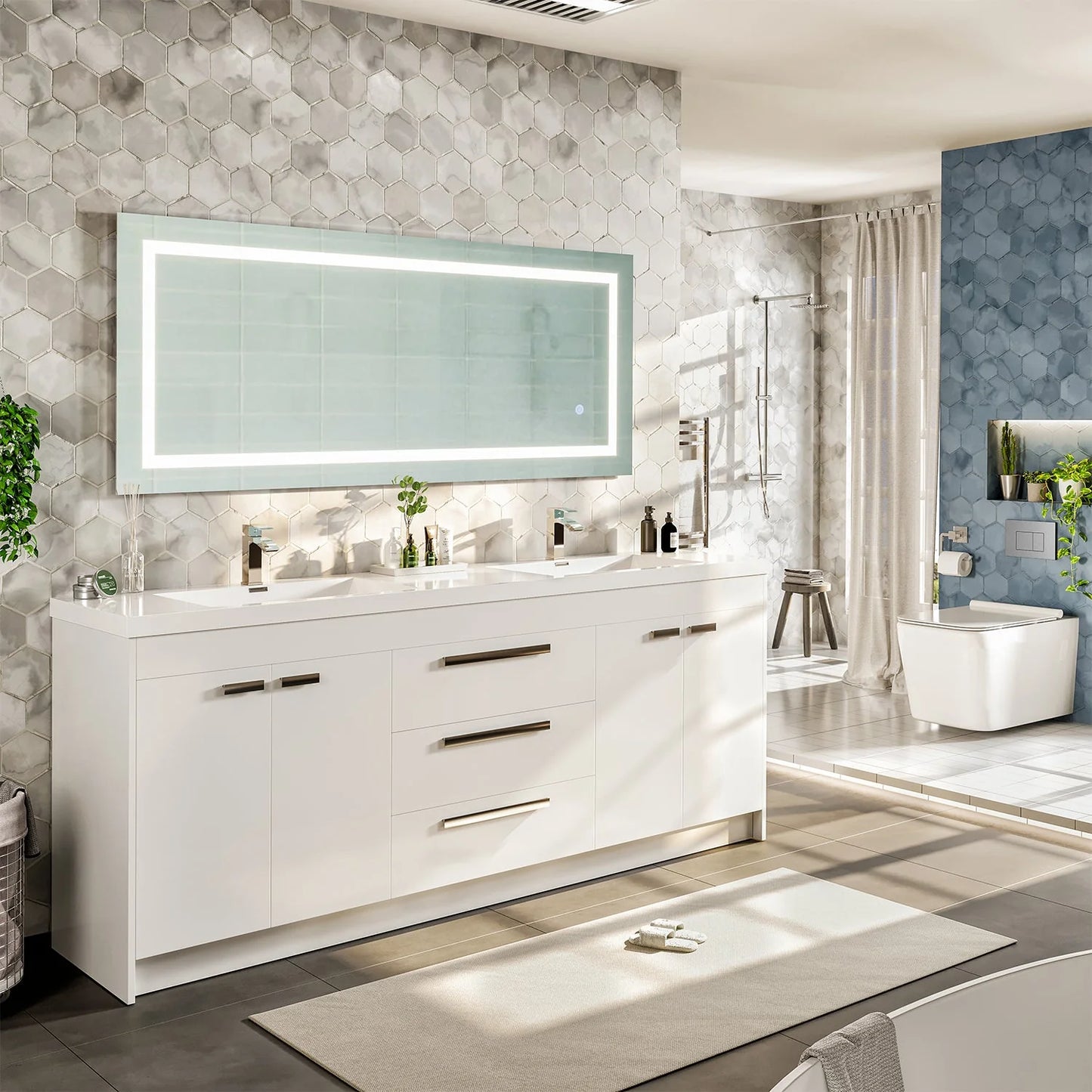 Lugano 84"W x 20"D Double Sink Bathroom Vanity with Acrylic Countertop and Integrated Sink