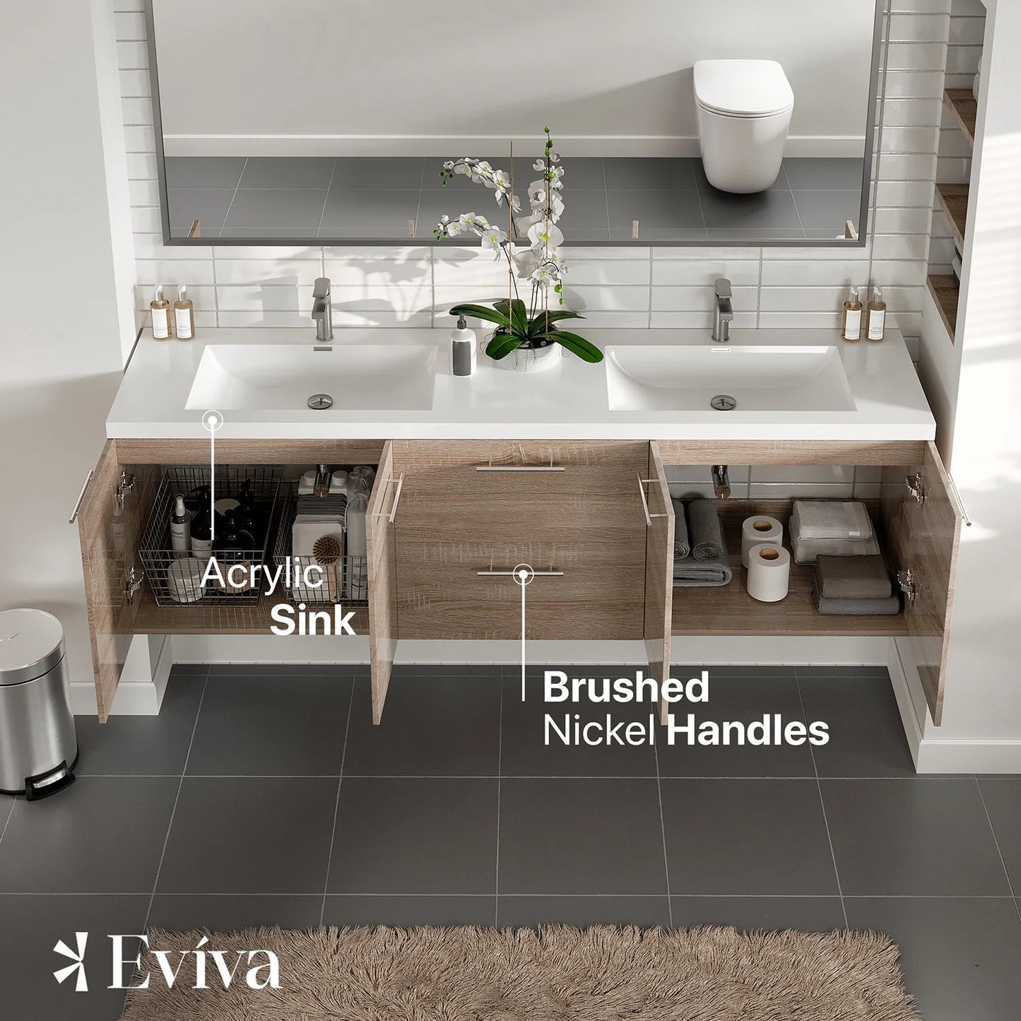 Axis 72"W x 20"D Wall Mount Double Sink Bathroom Vanity with White Acrylic Countertop and Integrated Sinks