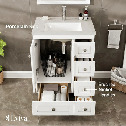 Happy 24"W x 18"D Bathroom Vanity with White Carrara Quartz Countertop and Undermount Porcelain Sink