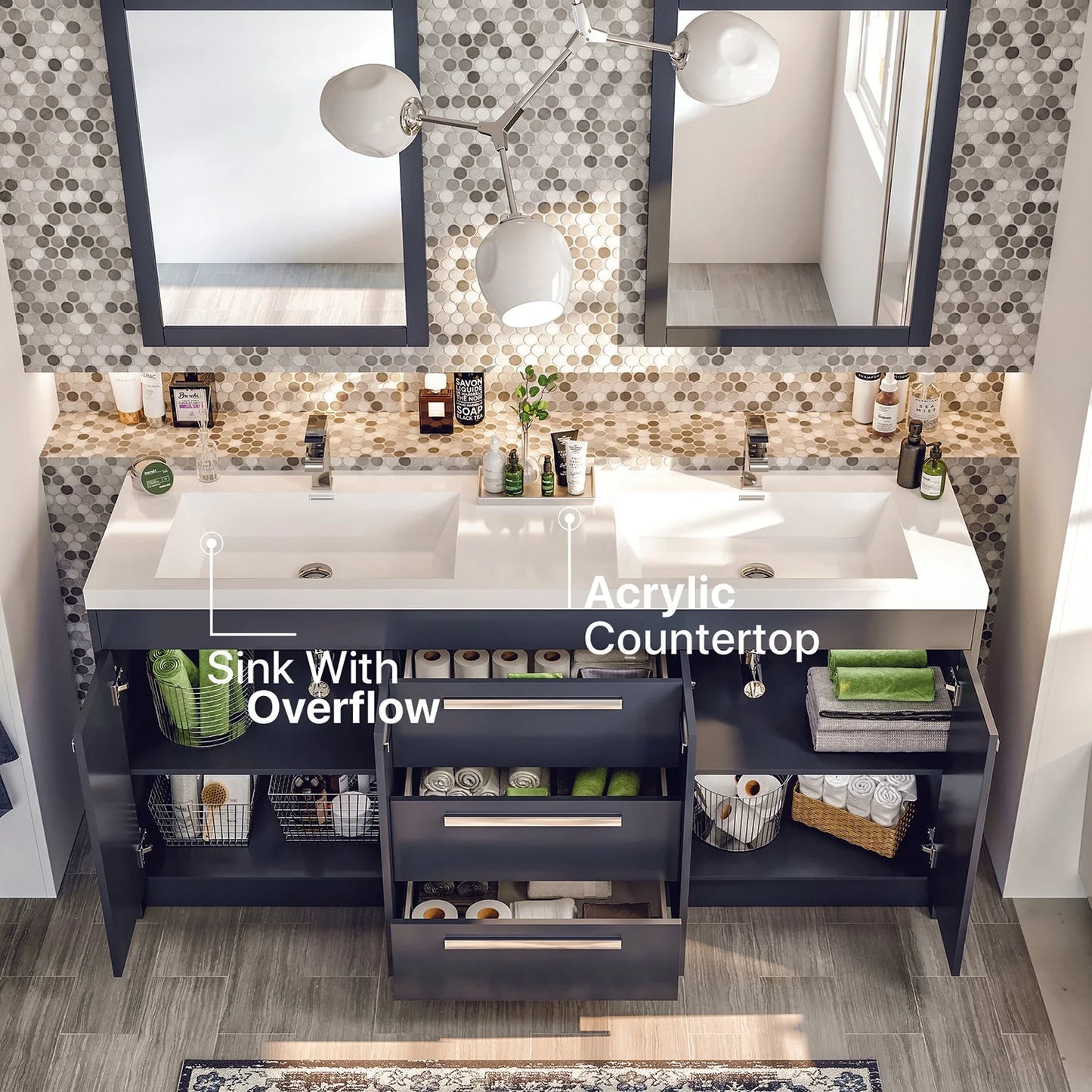 Lugano 60"W x 20"D Double Sink Bathroom Vanity with Acrylic Countertop and Integrated Sink