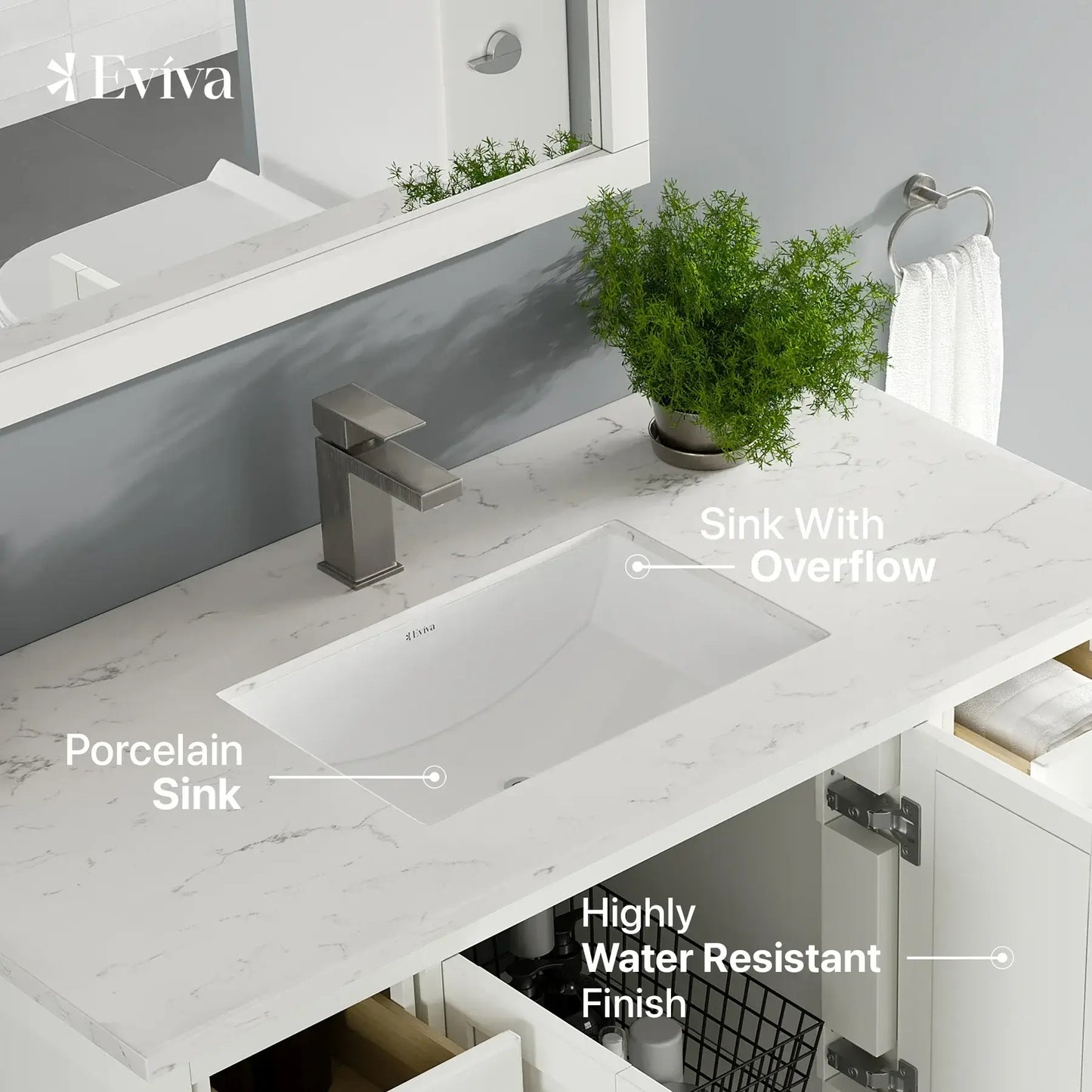 Eviva London 42 in. Transitional Bathroom Vanity with White Carrara Marble Countertop