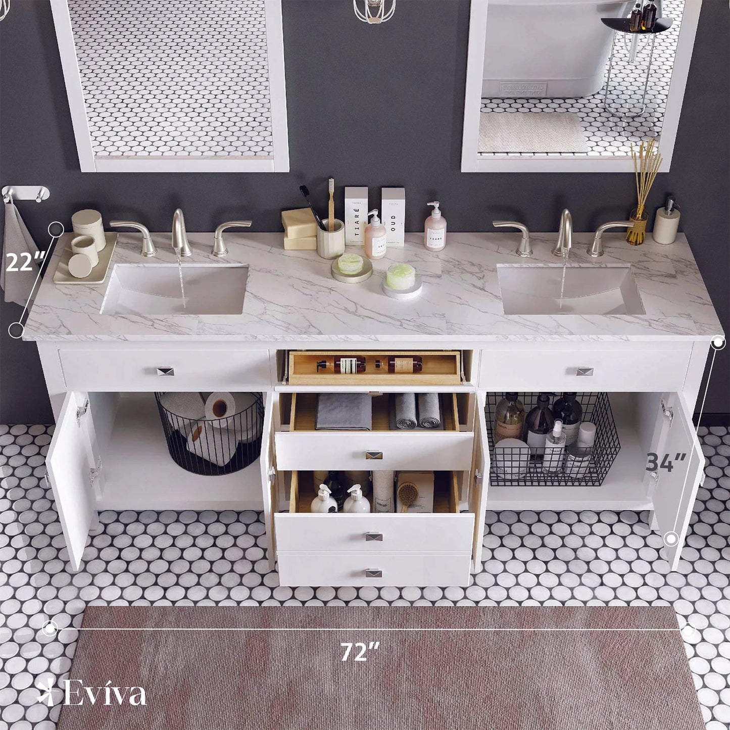 Artemis 72"W x 22"D Double Sink Bathroom Vanity with Carrara Quartz Countertop and Undermount Porcelain Sink