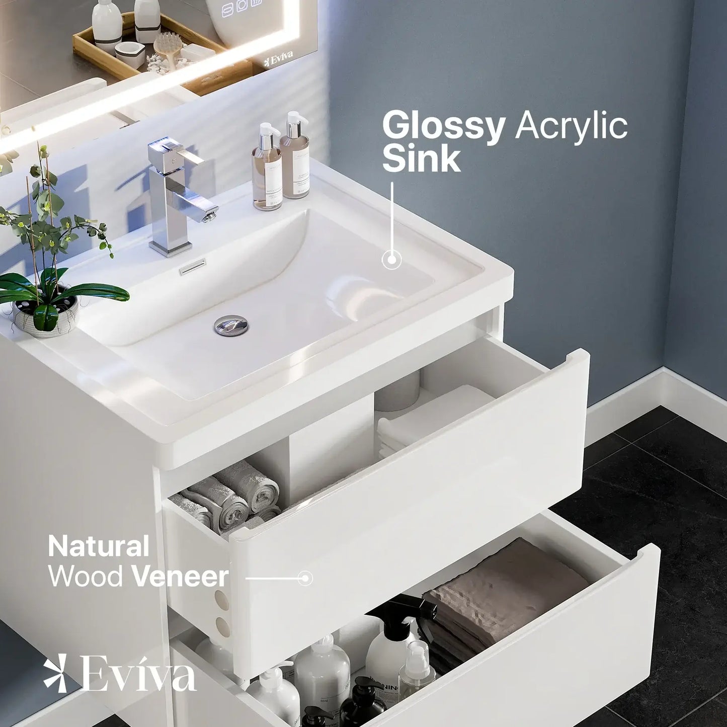 Glazzy 28"W x 18"D White Wall Mount Bathroom Vanity with White Acrylic Countertop and Integrated Sink