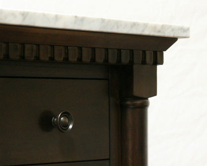 60" Antique Coffee Freestanding Double Sink Vanity with Carrara Marble White Top and Matching Backsplash