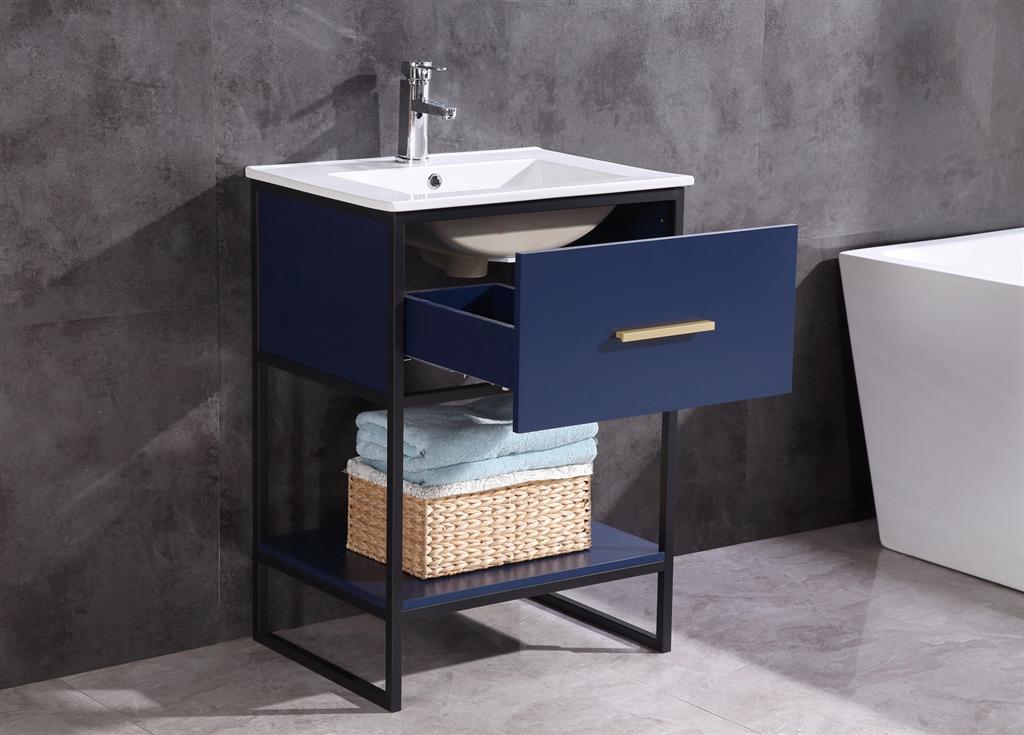 24" Blue Single Sink Freestanding Bathroom Vanity with Black Metal Frame - PVC and Integrated Ceramic