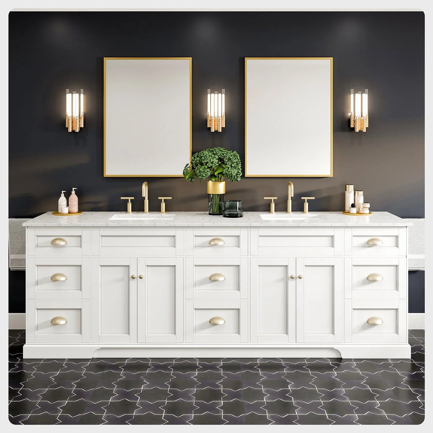 Epic 96"W x 22"D Double Sink Bathroom Vanity with Carrara Quartz Countertop and Undermount Porcelain Sink