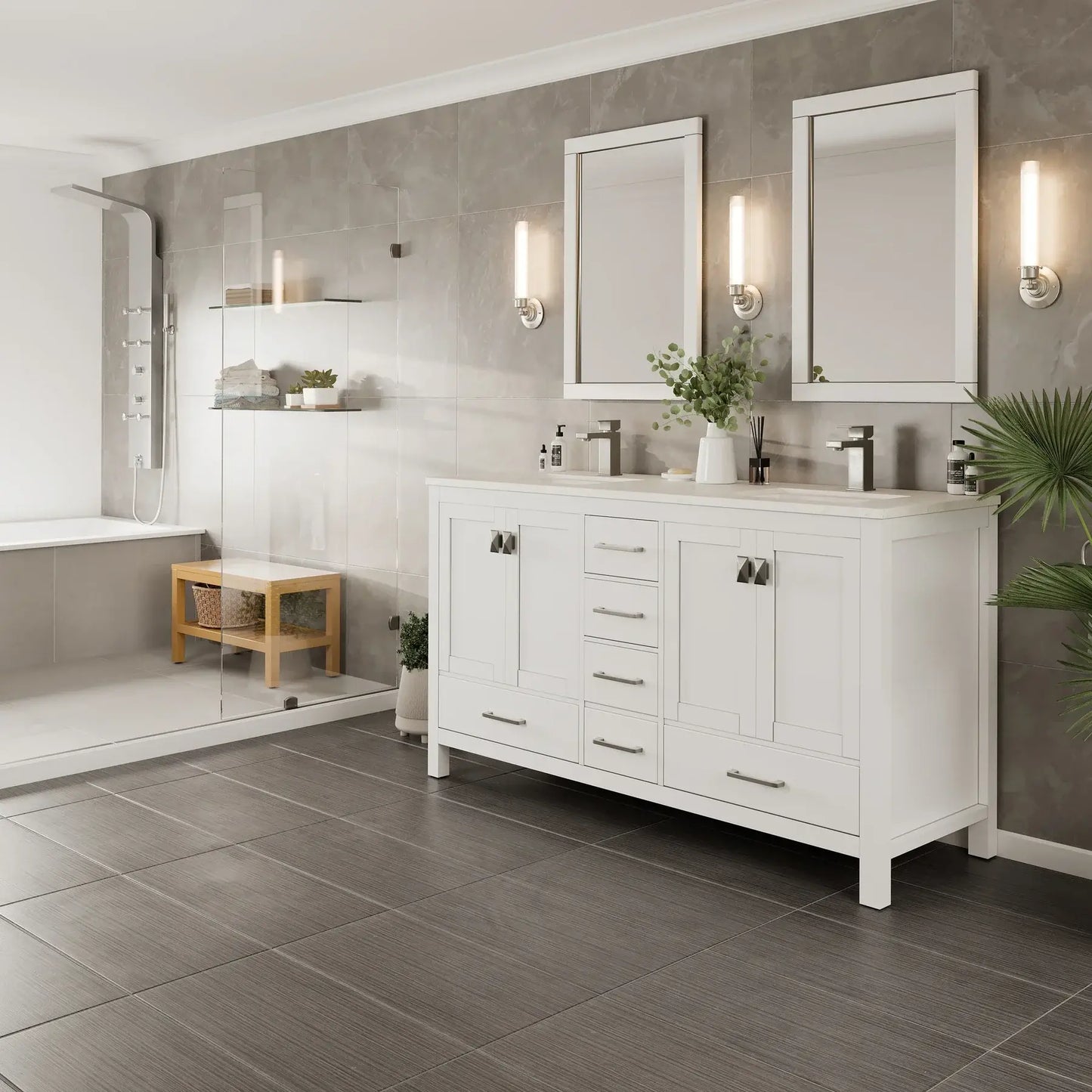 London 60"W x 18"D Double Sink Bathroom Vanity with White Carrara Quartz Countertop and Undermount Porcelain Sinks