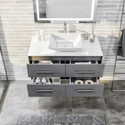 Totti Wave 36" Modern Bathroom Vanity w/ Super White Man-Made Stone Top & Sink