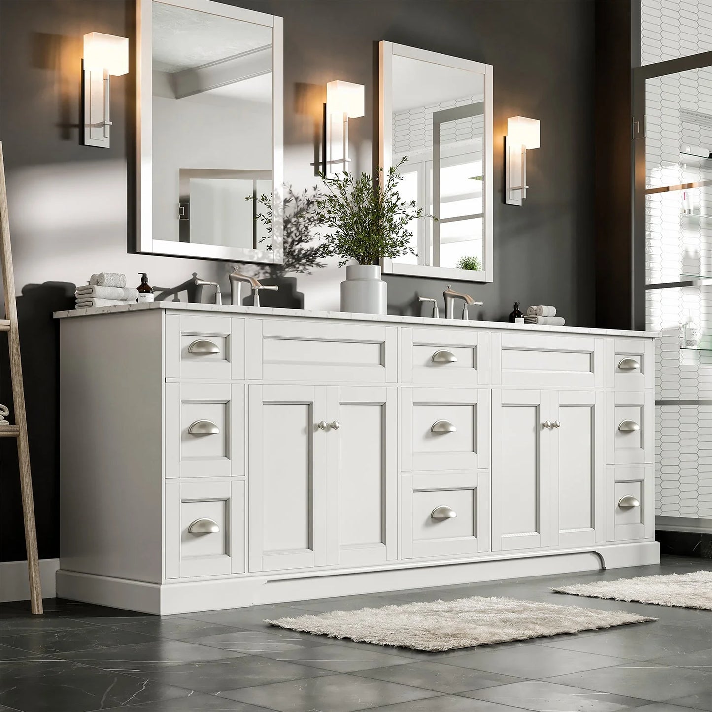 Epic 84"W x 22"D Double Sink Bathroom Vanity with Carrara Quartz Countertop and Undermount Porcelain Sink