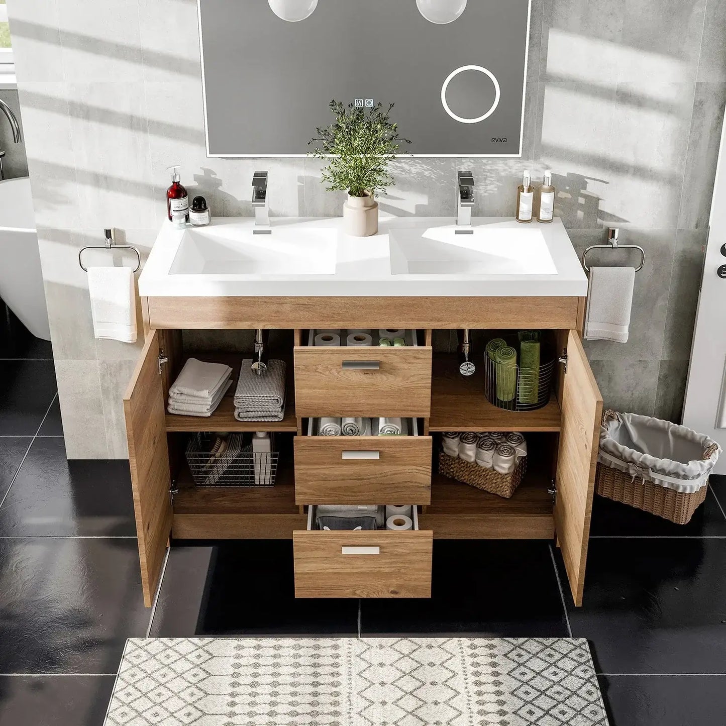 Lugano 48"W x 20"D Double Sink Bathroom Vanity with White Acrylic Countertop and Integrated Sinks