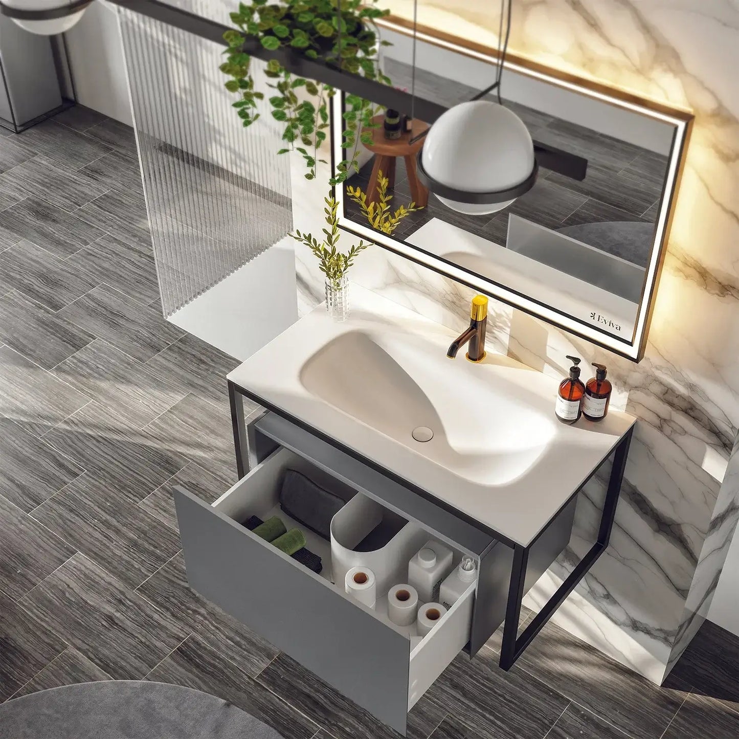 Modena 32"W x 18"D Wall Mount Bathroom Vanity with White Solid Surface Countertop and Integrated Sink