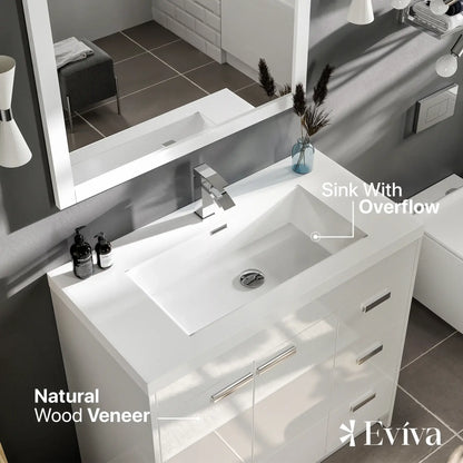 Lugano 36"W x 20"D Single Sink Bathroom Vanity with White Acrylic Countertop and Integrated Sink