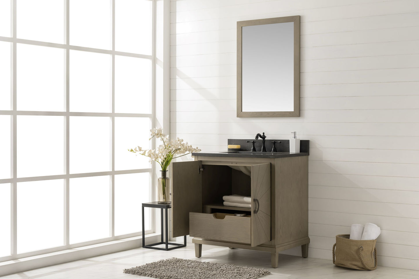 30" Antique Gray Single Sink Vanity with White Carrara Marble or Blue Limestone Top