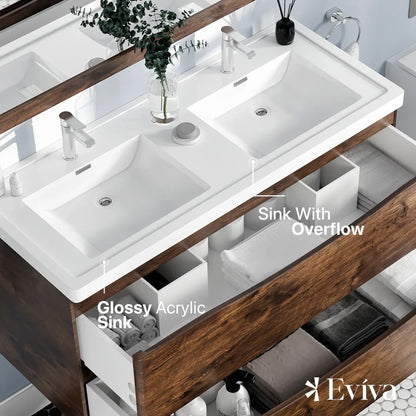 Eviva Smile 48" Rosewood Wall Mount Modern Double Sink Bathroom Vanity w/ White Integrated Top