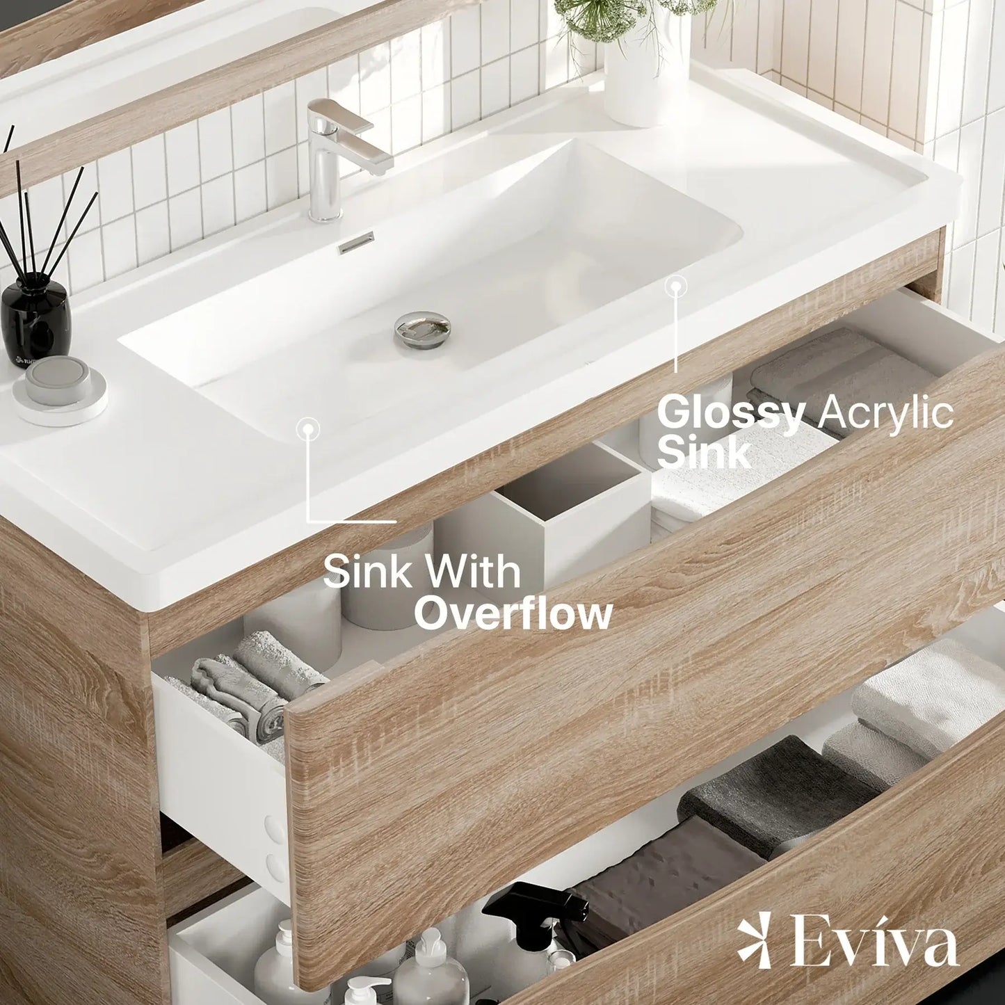 Eviva Smile 48" White Oak Freestanding Modern Bathroom Vanity w/ White Integrated Top