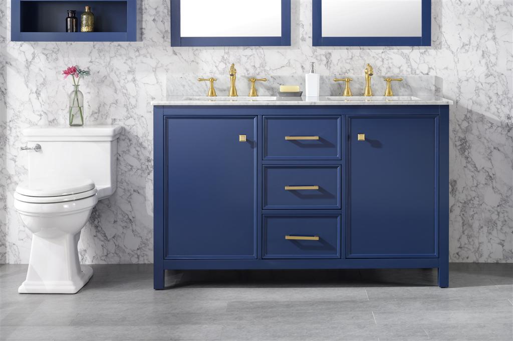 54" Double Sink Vanity Cabinet with Carrara White Marble or Blue Limestone Countertop