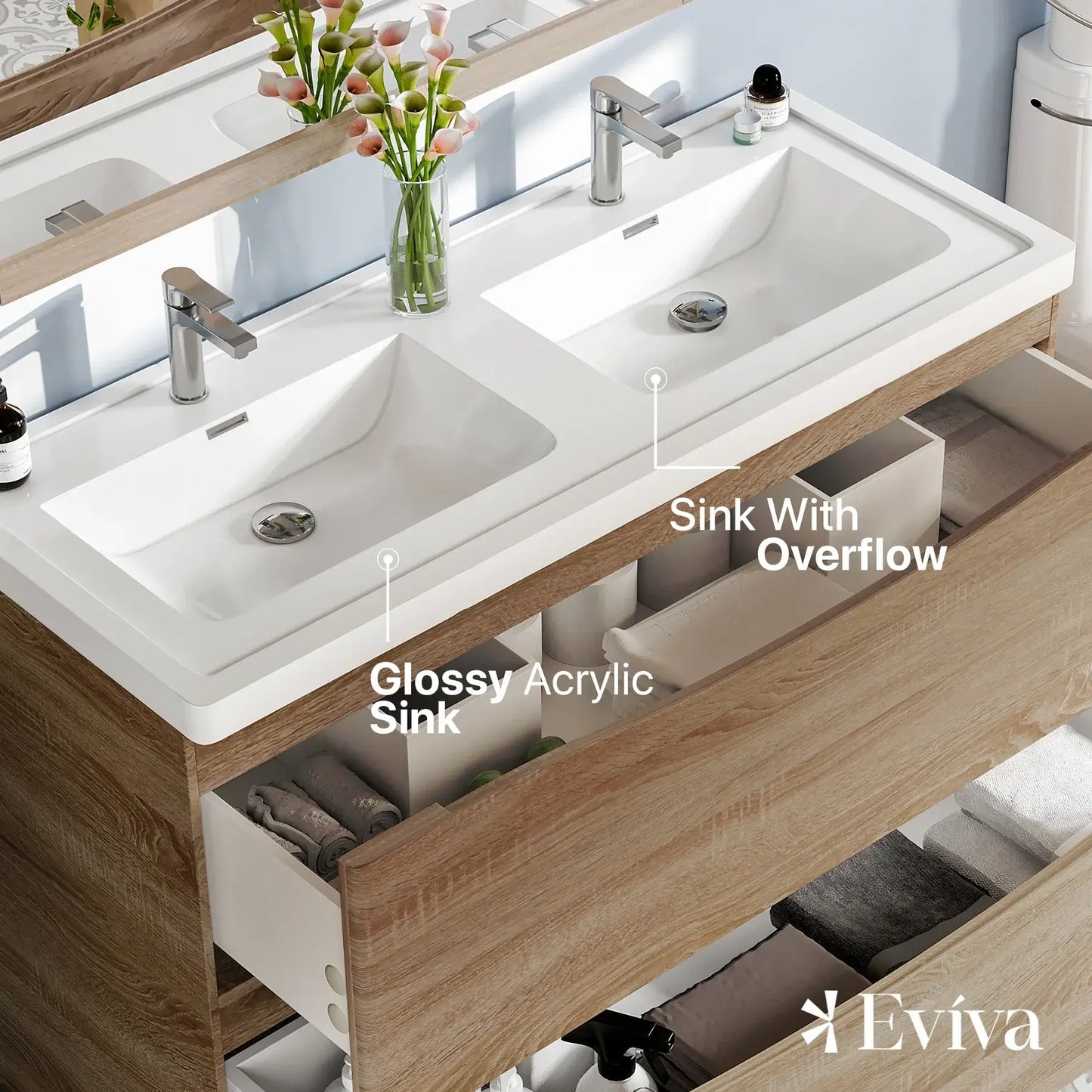 Eviva Smile 48" White Oak Freestanding Modern Double Sink Bathroom Vanity w/ White Integrated Top