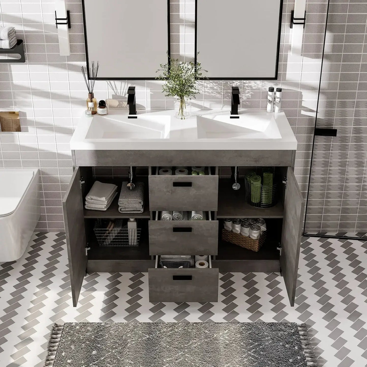 Lugano 48"W x 20"D Double Sink Bathroom Vanity with White Acrylic Countertop and Integrated Sinks