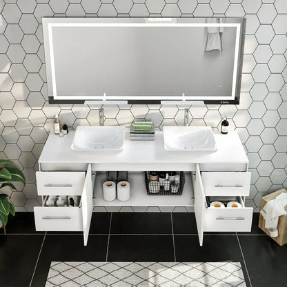 Totti Wave 72" Modern Double Sink Bathroom Vanity w/ Super White Man-Made Stone Top & Sinks