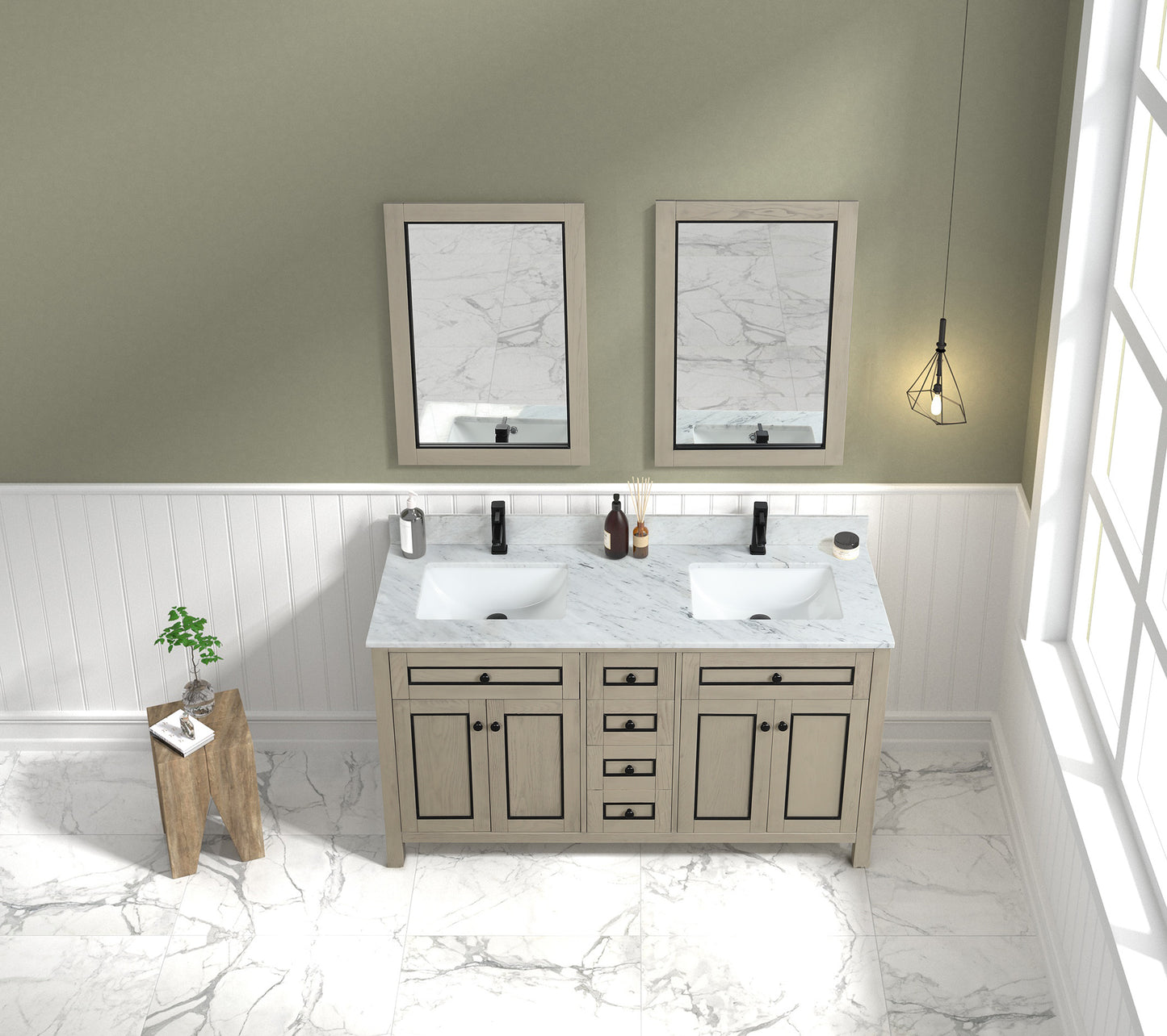 60" Double Sink Vanity with White Carrara Marble Top