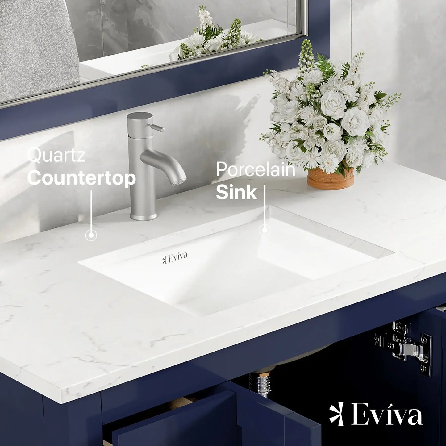 Hampton 36"W x 22"D Bathroom Vanity with White Carrara Quartz Countertop and Undermount Porcelain Sink