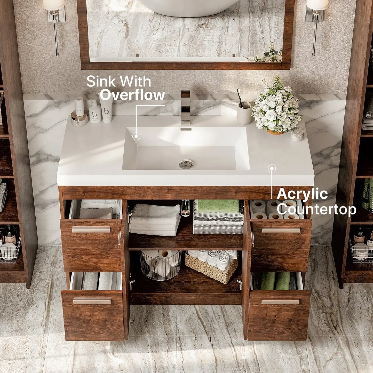 Lugano 48"W x 20"D Single Sink Bathroom Vanity with White Acrylic Countertop and Integrated Sink