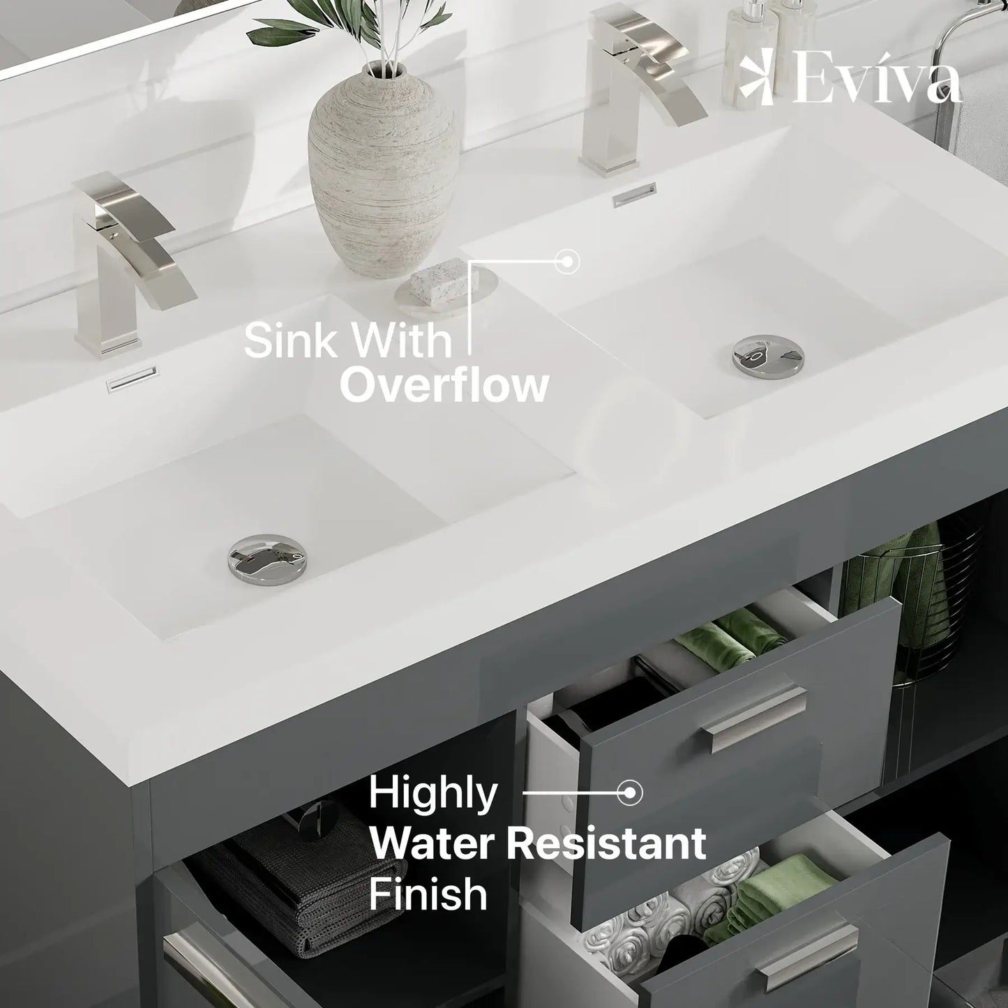 Lugano 48"W x 20"D Double Sink Bathroom Vanity with White Acrylic Countertop and Integrated Sinks