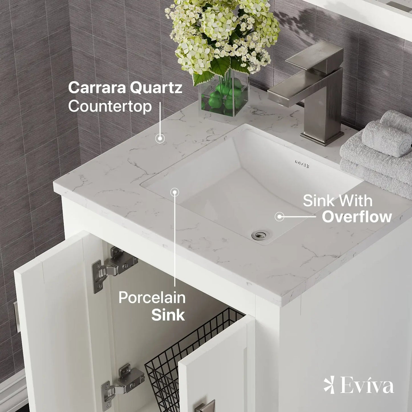 Eviva London 20" Transitional bathroom vanity with white Carrara marble countertop