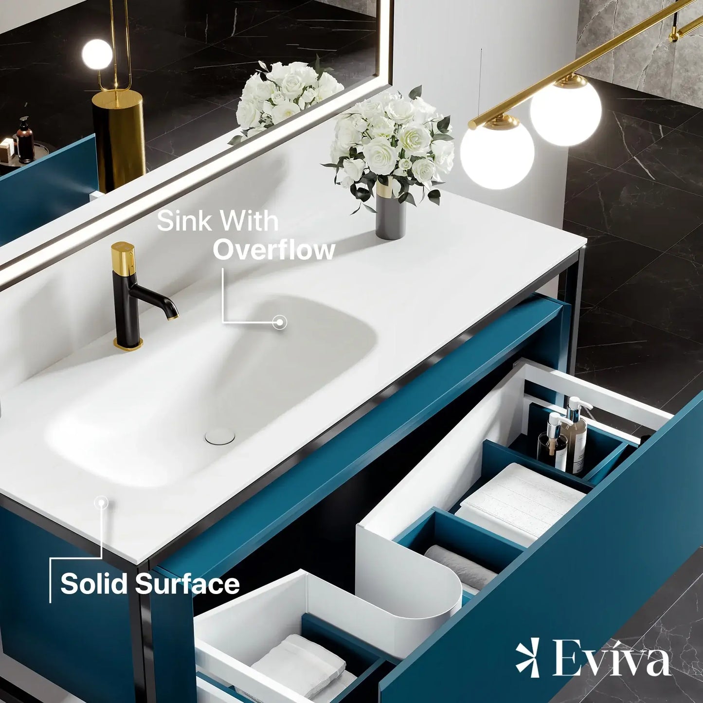 Modena 51"W x 18"D Blue Wall Mount Bathroom Vanity with White Solid Surface Countertop and Integrated Sink