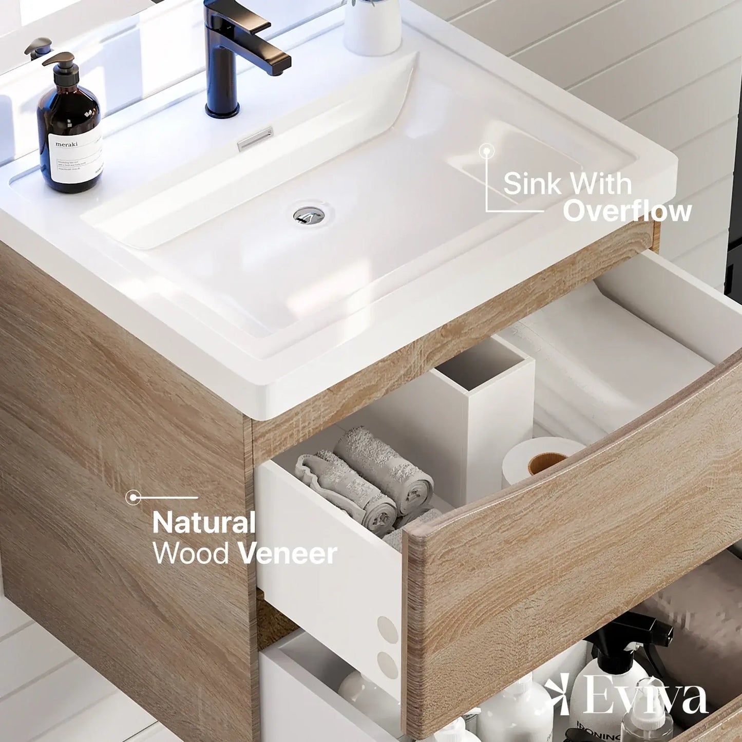 Eviva Smile 24" White Oak Wall Mount Modern Bathroom Vanity w/ White Integrated Top