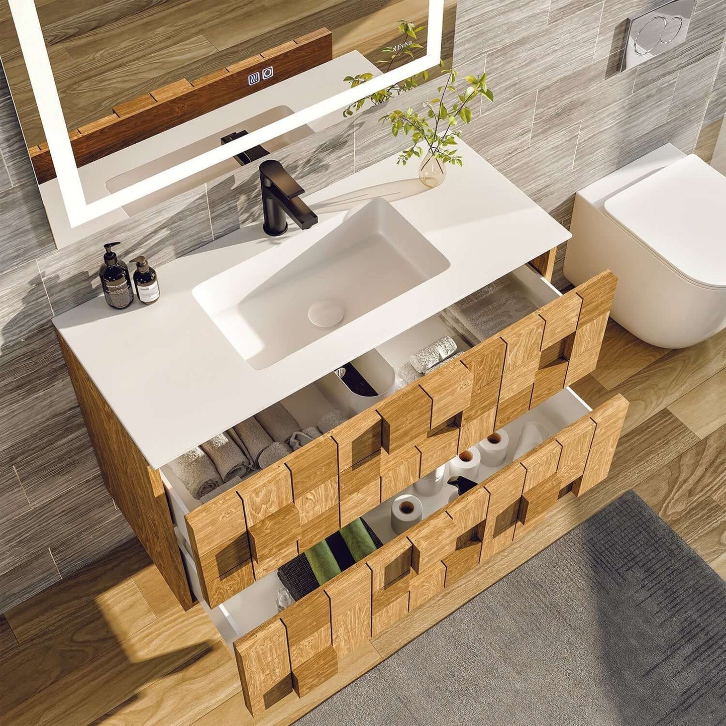 Eviva Mosaic 33 in. Wall Mounted Oak Bathroom Vanity with White Integrated Solid Surface Countertop