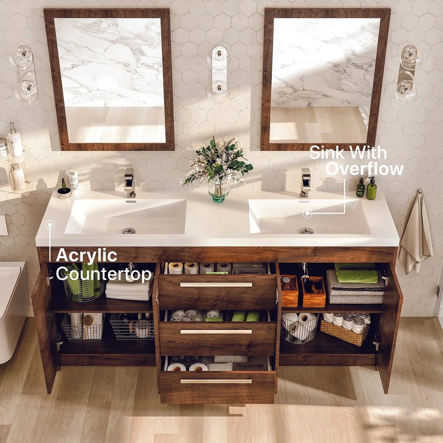 Lugano 60"W x 20"D Double Sink Bathroom Vanity with Acrylic Countertop and Integrated Sink