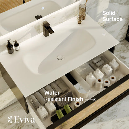 Nets 32"W x 20"D Natural Oak Bathroom Vanity with Solid Surface Countertop and Integrated Sink