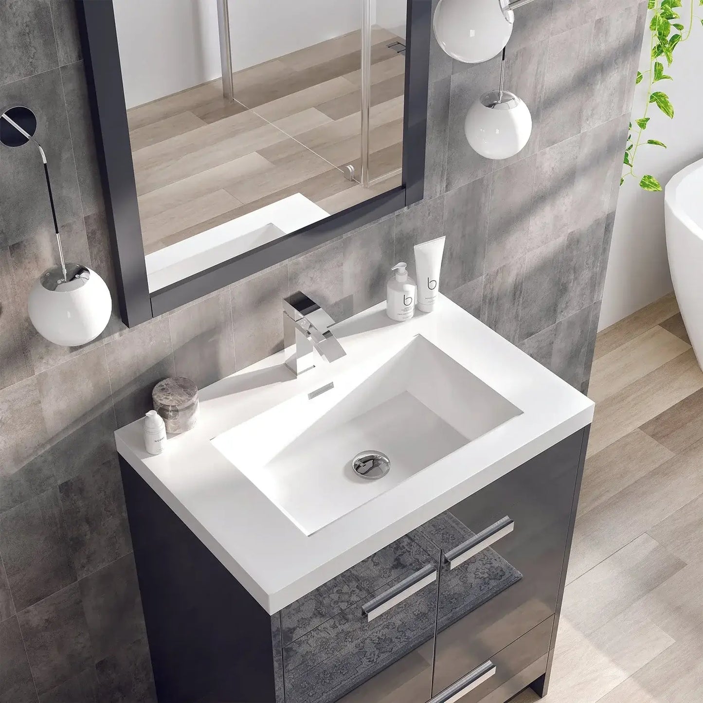 Lugano 30"W x 20"D Single Sink Bathroom Vanity with White Acrylic Countertop and Integrated Sink