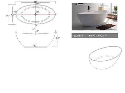 63" Freestanding White Matte Solid Surface Bathtub