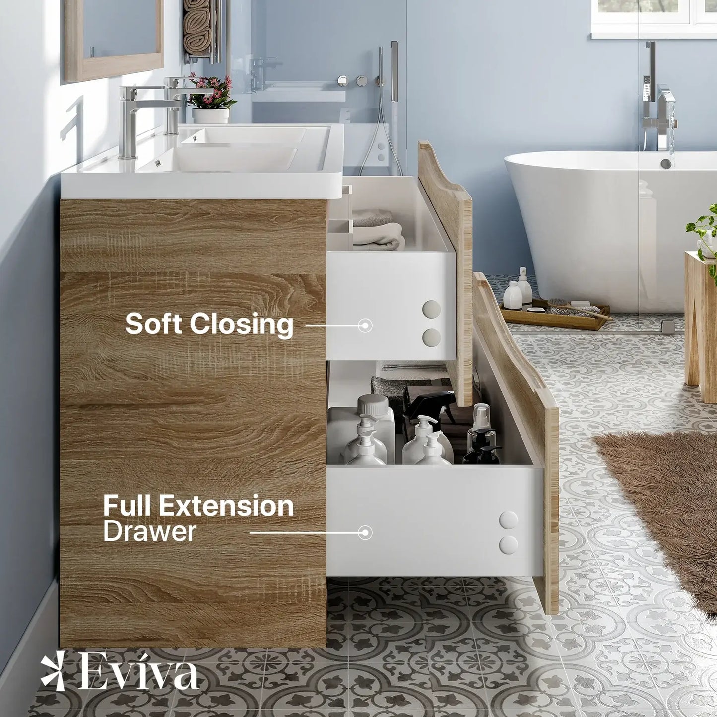 Eviva Smile 48" White Oak Freestanding Modern Double Sink Bathroom Vanity w/ White Integrated Top