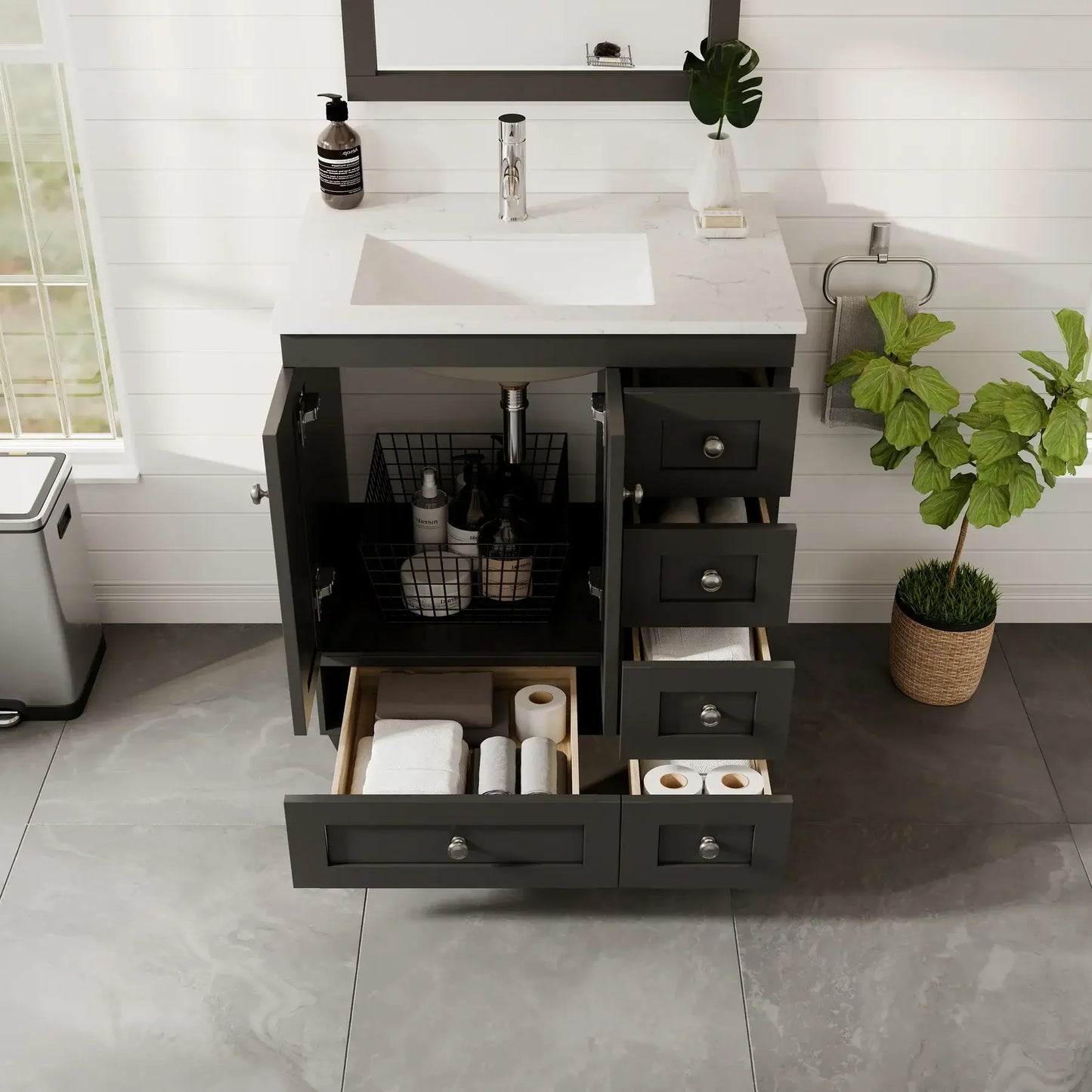 Happy 28"W x 18"D Bathroom Vanity with White Carrara Quartz Countertop and Undermount Porcelain Sink